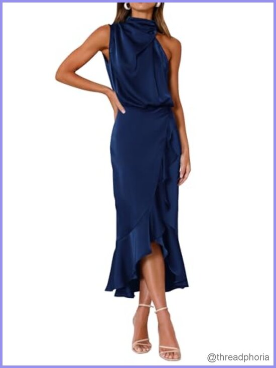 Dresses & Skirts - Satin Mock Neck Wrap Midi Dress Sleeveless Wedding Guest Formal